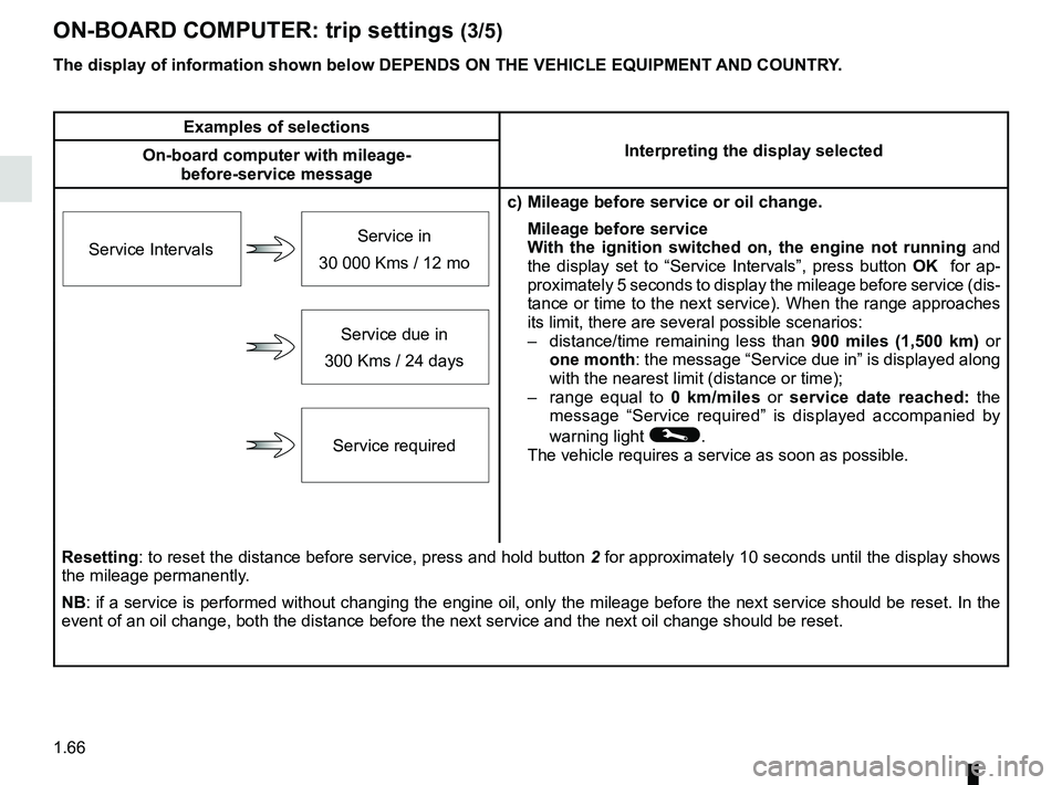 RENAULT KOLEOS 2018 Manual PDF 1.66
ON-BOARD COMPUTER: trip settings (3/5)
The display of information shown below DEPENDS ON THE VEHICLE EQUIPMENT \
AND COUNTRY.
Examples of selectionsInterpreting the display selected
On-board comp RENAULT KOLEOS 2018 Manual PDF 1.66
ON-BOARD COMPUTER: trip settings (3/5)
The display of information shown below DEPENDS ON THE VEHICLE EQUIPMENT \
AND COUNTRY.
Examples of selectionsInterpreting the display selected
On-board comp