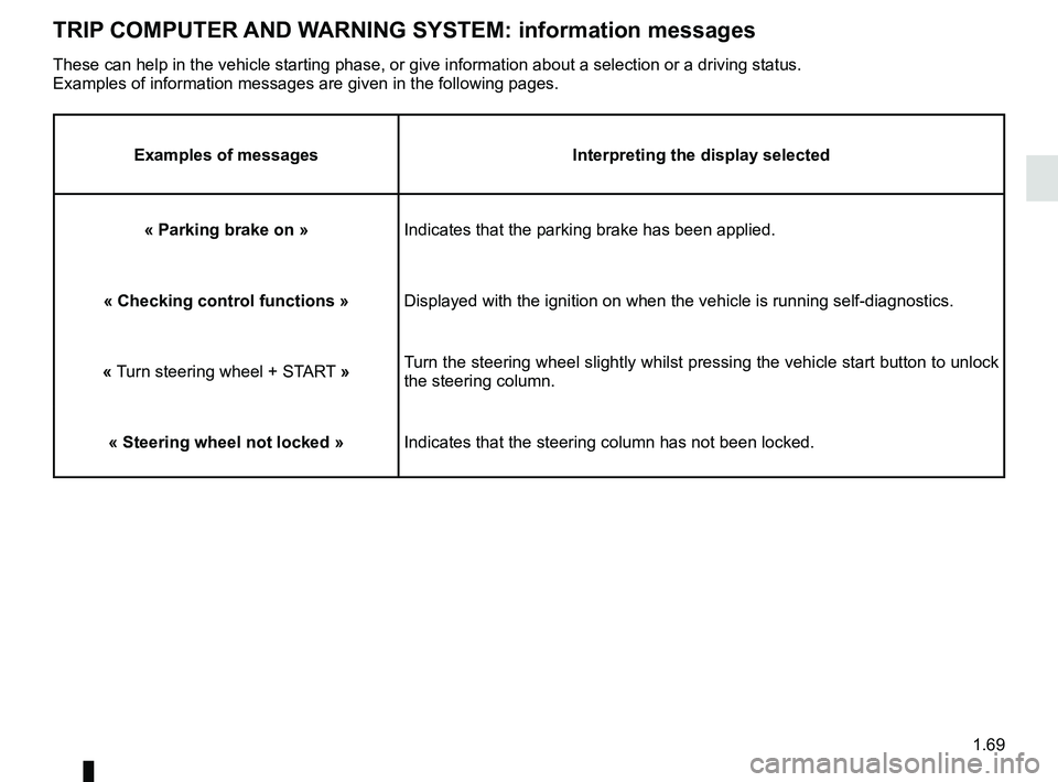 RENAULT KOLEOS 2018 Manual PDF 1.69
TRIP COMPUTER AND WARNING SYSTEM: information messages
Examples of messagesInterpreting the display selected
« Parking brake on » Indicates that the parking brake has been applied.
« Checking RENAULT KOLEOS 2018 Manual PDF 1.69
TRIP COMPUTER AND WARNING SYSTEM: information messages
Examples of messagesInterpreting the display selected
« Parking brake on » Indicates that the parking brake has been applied.
« Checking