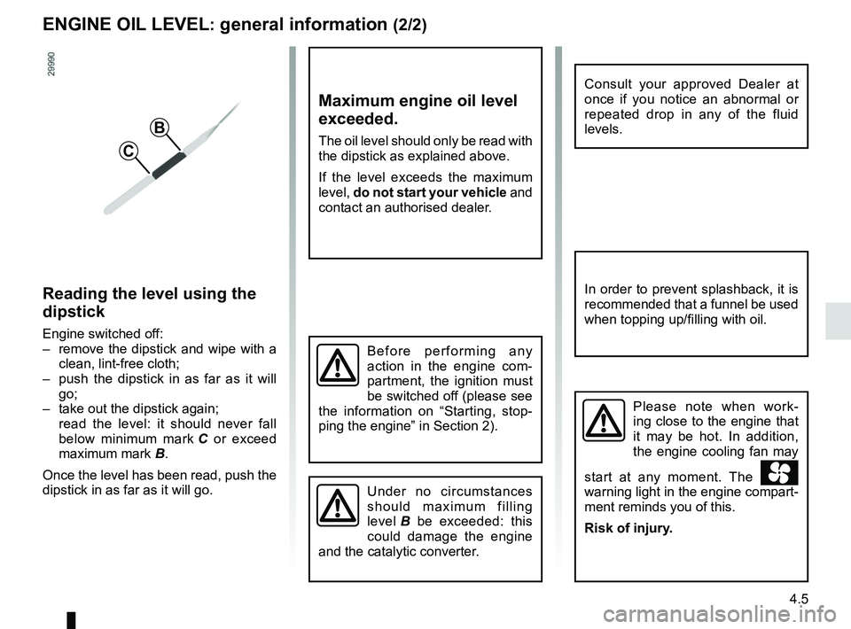 RENAULT MASTER 2018  Owners Manual 4.5
ENGINE OIL LEVEL: general information (2/2)
Reading the level using the 
dipstick
Engine switched off:
–  remove the dipstick and wipe with a  clean, lint-free cloth;
–  push the dipstick in a