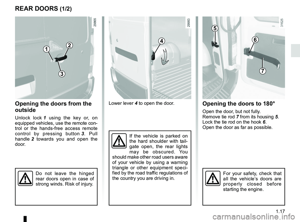 RENAULT MASTER 2018 Owners Manual 1.17
Lower lever 4 to open the door.
If the vehicle is parked on
the hard shoulder with tail-
gate open, the rear lights
may be obscured. You
should make other road users aware
of your vehicle by RENAULT MASTER 2018 Owners Manual 1.17
Lower lever 4 to open the door.
If the vehicle is parked on
the hard shoulder with tail-
gate open, the rear lights
may be obscured. You
should make other road users aware
of your vehicle by
