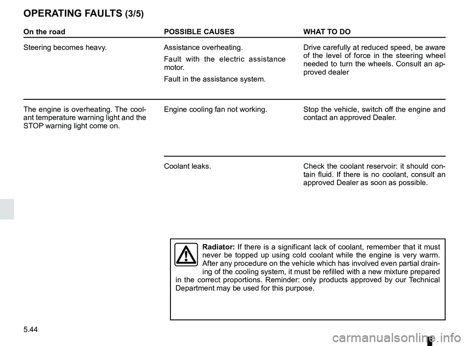 RENAULT MASTER 2018 Owners Manual 5.44
On the roadPOSSIBLE CAUSESWHAT TO DO
Steering becomes heavy. Assistance overheating.
Fault with the electric assistance
motor.
Fault in the assistance system. Drive carefully at reduced speed, b RENAULT MASTER 2018 Owners Manual 5.44
On the roadPOSSIBLE CAUSESWHAT TO DO
Steering becomes heavy. Assistance overheating.
Fault with the electric assistance
motor.
Fault in the assistance system. Drive carefully at reduced speed, b