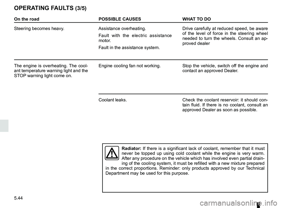 RENAULT MASTER 2018  Owners Manual 5.44
On the roadPOSSIBLE CAUSESWHAT TO DO
Steering becomes heavy. Assistance overheating.
Fault with the electric assistance 
motor.
Fault in the assistance system. Drive carefully at reduced speed, b