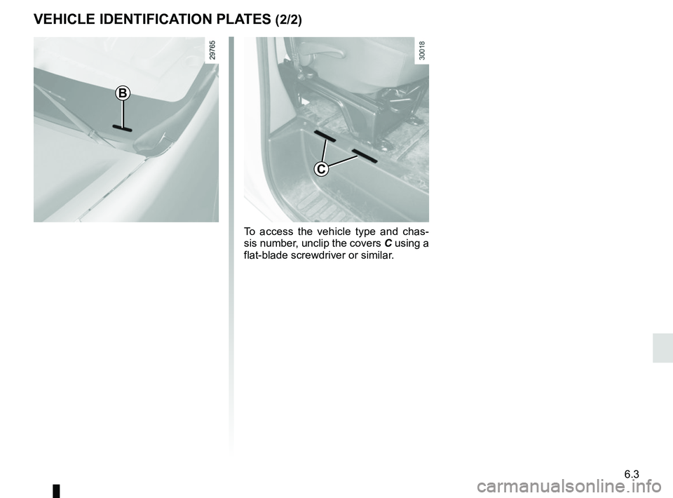 RENAULT MASTER 2018  Owners Manual 6.3
VEHICLE IDENTIFICATION PLATES (2/2)
C
To access the vehicle type and chas-
sis number, unclip the covers C using a 
flat-blade screwdriver or similar.
B   