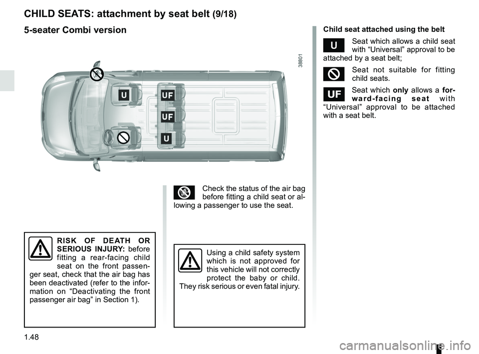 RENAULT MASTER 2018 Workshop Manual 1.48
CHILD SEATS: attachment by seat belt (9/18)
³Check the status of the air bag
before fitting a child seat or al-
lowing a passenger to use the seat.
RISK OF DEATH OR
SERIOUS INJURY: before
fit RENAULT MASTER 2018 Workshop Manual 1.48
CHILD SEATS: attachment by seat belt (9/18)
³Check the status of the air bag
before fitting a child seat or al-
lowing a passenger to use the seat.
RISK OF DEATH OR
SERIOUS INJURY: before
fit