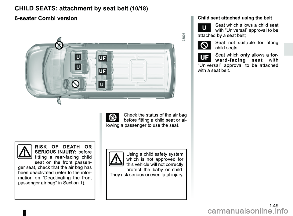RENAULT MASTER 2018 Workshop Manual 1.49
CHILD SEATS: attachment by seat belt (10/18)
³Check the status of the air bag
before fitting a child seat or al-
lowing a passenger to use the seat.
RISK OF DEATH OR
SERIOUS INJURY: before
fi RENAULT MASTER 2018 Workshop Manual 1.49
CHILD SEATS: attachment by seat belt (10/18)
³Check the status of the air bag
before fitting a child seat or al-
lowing a passenger to use the seat.
RISK OF DEATH OR
SERIOUS INJURY: before
fi