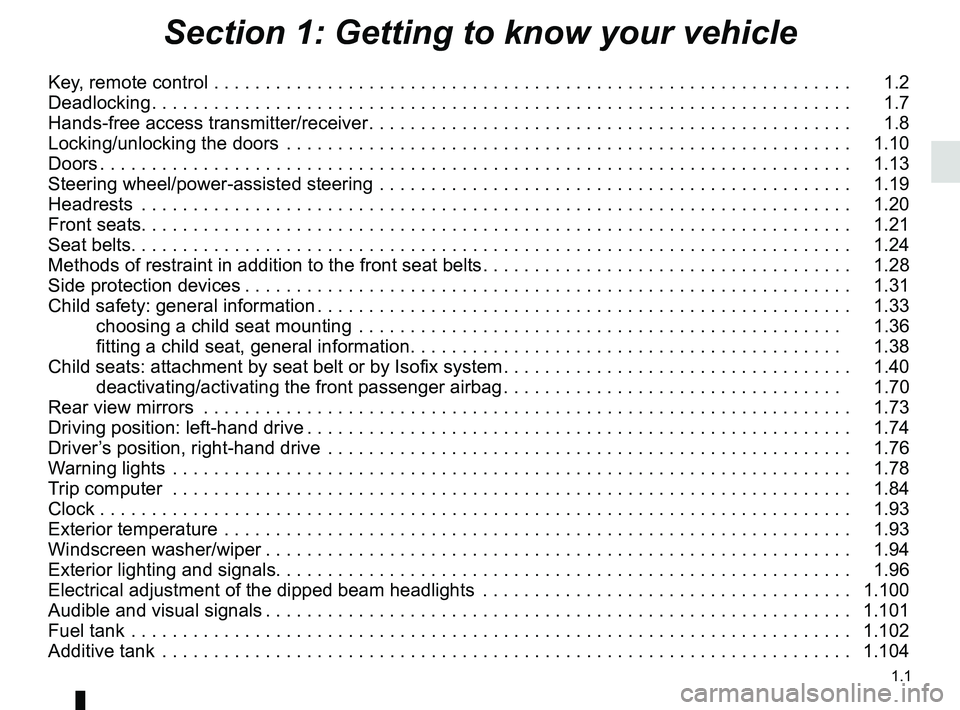RENAULT MASTER 2018  Owners Manual 1.1
Section 1: Getting to know your vehicle
Key, remote control . . . . . . . . . . . . . . . . . . . . . . . . . . . . . . . . . . . .\
 . . . . . . . . . . . . . . . . . . . . . . . . . .   1.2
Dead