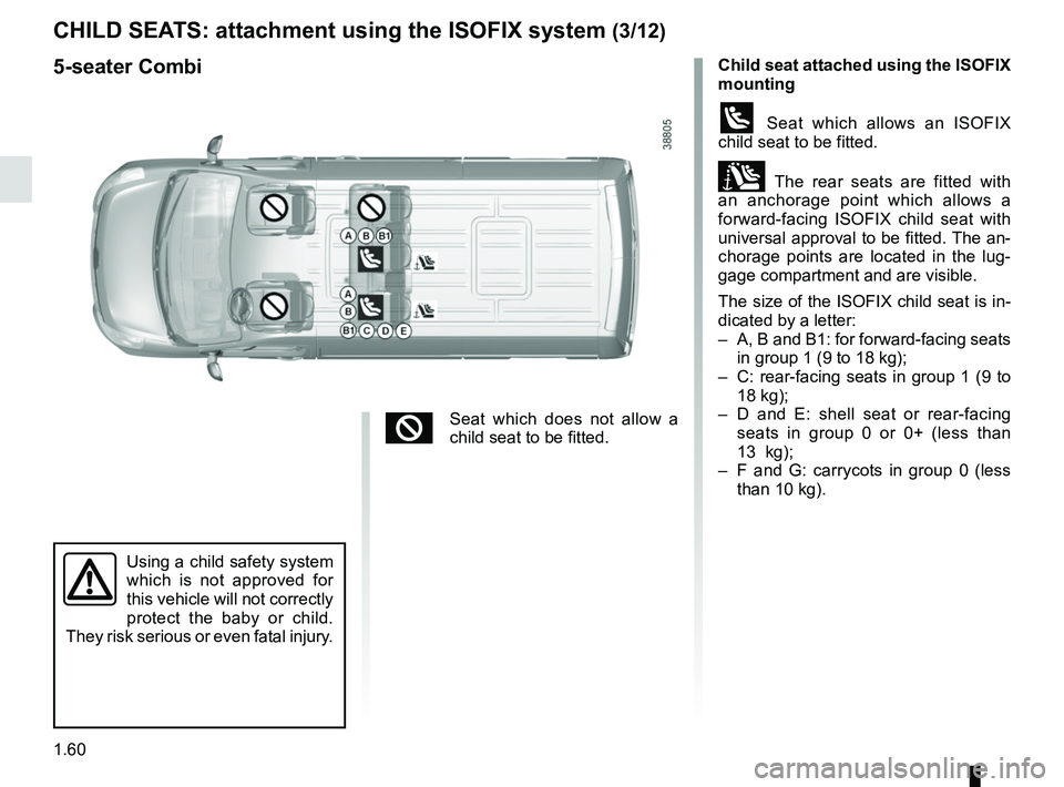 RENAULT MASTER 2018 Repair Manual 1.60
Child seat attached using the ISOFIX
mounting
ü Seat which allows an ISOFIX
child seat to be fitted.
± The rear seats are fitted with
an anchorage point which allows a
forward-facing ISOFI RENAULT MASTER 2018 Repair Manual 1.60
Child seat attached using the ISOFIX
mounting
ü Seat which allows an ISOFIX
child seat to be fitted.
± The rear seats are fitted with
an anchorage point which allows a
forward-facing ISOFI