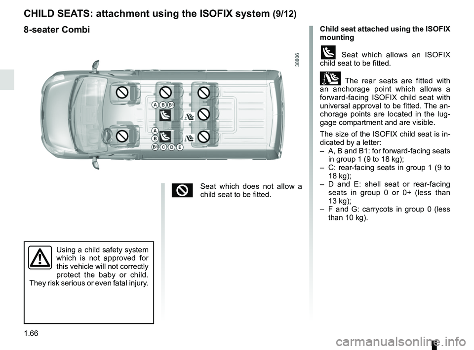RENAULT MASTER 2018 Manual PDF 1.66
Child seat attached using the ISOFIX
mounting
ü Seat which allows an ISOFIX
child seat to be fitted.
± The rear seats are fitted with
an anchorage point which allows a
forward-facing ISOFI RENAULT MASTER 2018 Manual PDF 1.66
Child seat attached using the ISOFIX
mounting
ü Seat which allows an ISOFIX
child seat to be fitted.
± The rear seats are fitted with
an anchorage point which allows a
forward-facing ISOFI