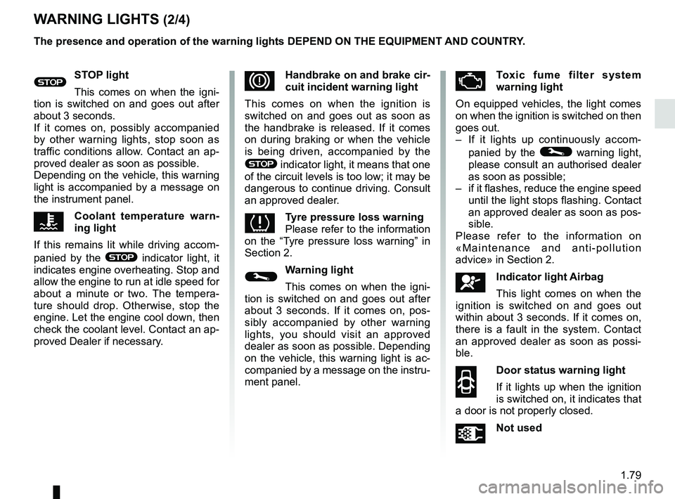 RENAULT MASTER 2018 Owners Manual 1.79
WARNING LIGHTS (2/4)
The presence and operation of the warning lights DEPEND ON THE EQUIPMENT\
AND COUNTRY.
DHandbrake on and brake cir-
cuit incident warning light
This comes on when the igniti RENAULT MASTER 2018 Owners Manual 1.79
WARNING LIGHTS (2/4)
The presence and operation of the warning lights DEPEND ON THE EQUIPMENT\
AND COUNTRY.
DHandbrake on and brake cir-
cuit incident warning light
This comes on when the igniti