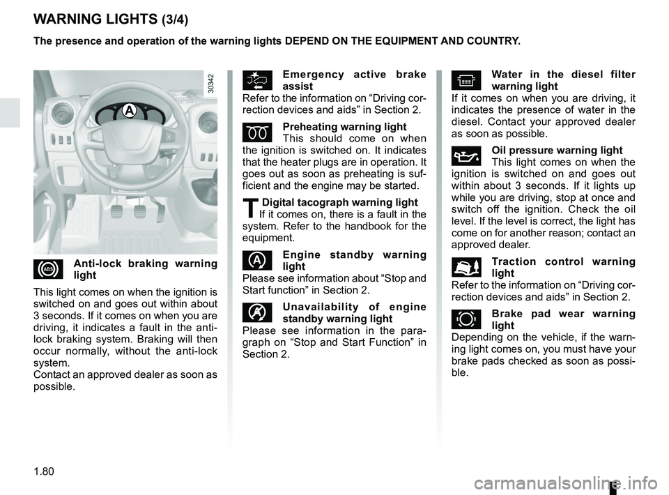 RENAULT MASTER 2018 Manual Online 1.80
WARNING LIGHTS (3/4)
The presence and operation of the warning lights DEPEND ON THE EQUIPMENT\
AND COUNTRY.
xAnti-lock braking warning
light
This light comes on when the ignition is
switched o RENAULT MASTER 2018 Manual Online 1.80
WARNING LIGHTS (3/4)
The presence and operation of the warning lights DEPEND ON THE EQUIPMENT\
AND COUNTRY.
xAnti-lock braking warning
light
This light comes on when the ignition is
switched o