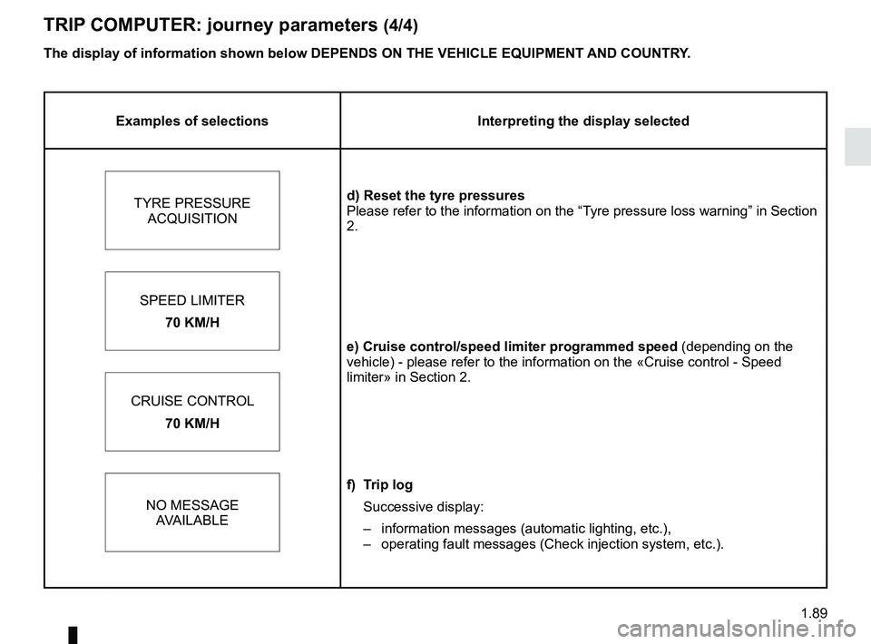 RENAULT MASTER 2018 Owners Manual 1.89
TRIP COMPUTER: journey parameters (4/4)
Examples of selectionsInterpreting the display selected
TYRE PRESSURE ACQUISITION d) Reset the tyre pressures
Please refer to the information on the “Ty RENAULT MASTER 2018 Owners Manual 1.89
TRIP COMPUTER: journey parameters (4/4)
Examples of selectionsInterpreting the display selected
TYRE PRESSURE ACQUISITION d) Reset the tyre pressures
Please refer to the information on the “Ty