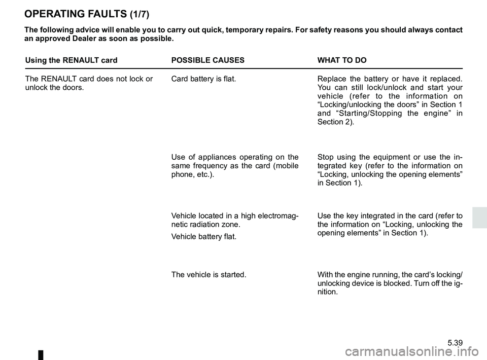 RENAULT MEGANE 2018  Owners Manual 5.39
OPERATING FAULTS (1/7)
The following advice will enable you to carry out quick, temporary repai\
rs. For safety reasons you should always contact 
an approved Dealer as soon as possible.
Using th
