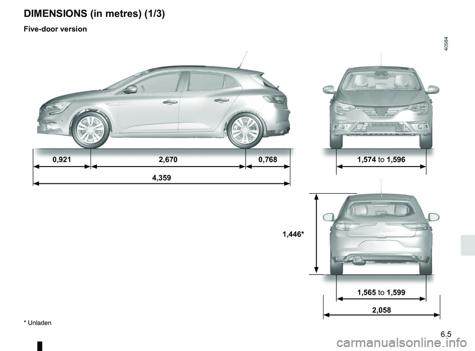 RENAULT MEGANE 2018 Owners Manual 6.5
1,446*
1,565 to 1,599
2,058
* Unladen
Five-door version
0,9212,6700,7681,574 to 1,596
4,359
DIMENSIONS (in metres) (1/3) RENAULT MEGANE 2018 Owners Manual 6.5
1,446*
1,565 to 1,599
2,058
* Unladen
Five-door version
0,9212,6700,7681,574 to 1,596
4,359
DIMENSIONS (in metres) (1/3)
