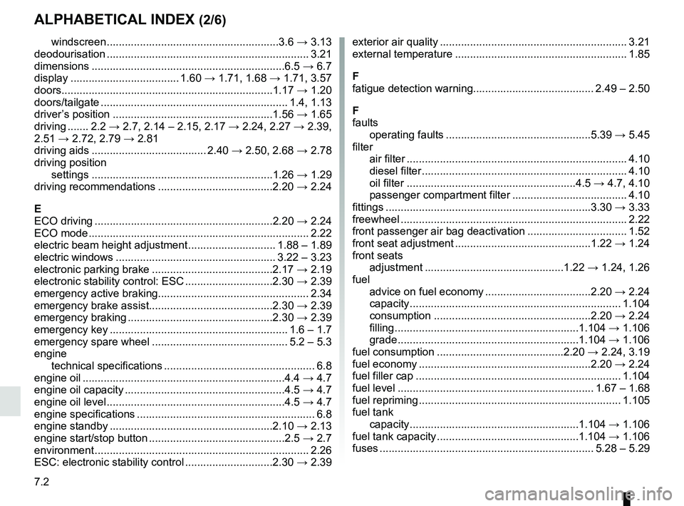 RENAULT MEGANE 2018 Owners Manual 7.2
ALPHABETICAL INDEX (2/6)
windscreen .........................................................3.6 → 3.13
deodourisation .........................................................\
.......... 3.21
RENAULT MEGANE 2018 Owners Manual 7.2
ALPHABETICAL INDEX (2/6)
windscreen .........................................................3.6 → 3.13
deodourisation .........................................................\
.......... 3.21