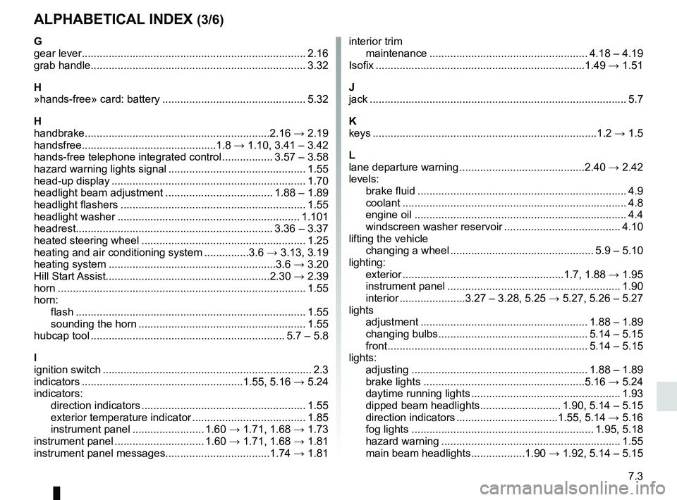 RENAULT MEGANE 2018  Owners Manual 7.3
ALPHABETICAL INDEX (3/6)
G
gear lever........................................................................\
... 2.16
grab handle................................................................. RENAULT MEGANE 2018  Owners Manual 7.3
ALPHABETICAL INDEX (3/6)
G
gear lever........................................................................\
... 2.16
grab handle.................................................................