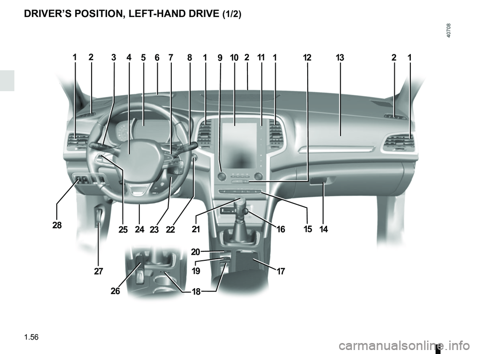RENAULT MEGANE 2018 Repair Manual 1.56
DRIVER’S POSITION, LEFT-HAND DRIVE (1/2)
5489121
1428
1013711
27
6212
17
24
3
252216
19
18
2115
11
26
2
20
23 RENAULT MEGANE 2018 Repair Manual 1.56
DRIVER’S POSITION, LEFT-HAND DRIVE (1/2)
5489121
1428
1013711
27
6212
17
24
3
252216
19
18
2115
11
26
2
20
23