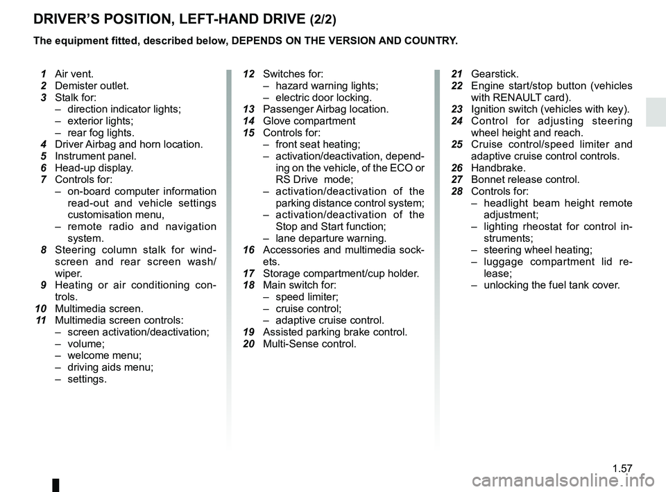 RENAULT MEGANE 2018 Repair Manual 1.57
DRIVER’S POSITION, LEFT-HAND DRIVE (2/2)
The equipment fitted, described below, DEPENDS ON THE VERSION AND COUNTRY.
1 Air vent.
2 Demister outlet.
3 Stalk for:
– direction indicator lig RENAULT MEGANE 2018 Repair Manual 1.57
DRIVER’S POSITION, LEFT-HAND DRIVE (2/2)
The equipment fitted, described below, DEPENDS ON THE VERSION AND COUNTRY.
1 Air vent.
2 Demister outlet.
3 Stalk for:
– direction indicator lig