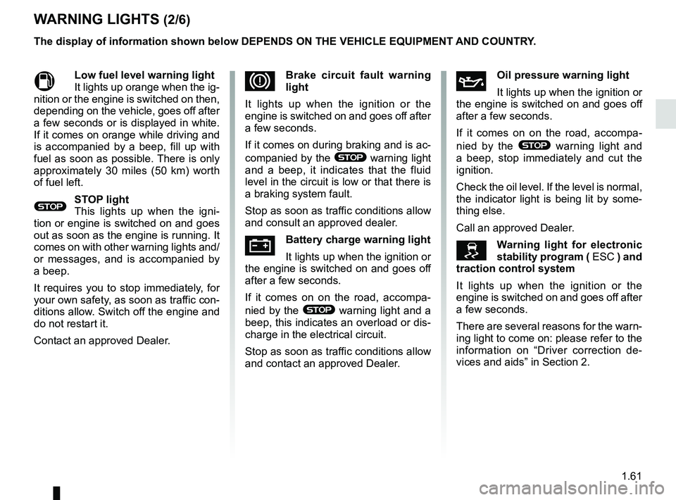 RENAULT MEGANE 2018 Repair Manual 1.61
WARNING LIGHTS (2/6)
MLow fuel level warning light
It lights up orange when the ig-
nition or the engine is switched on then,
depending on the vehicle, goes off after
a few seconds or is displa RENAULT MEGANE 2018 Repair Manual 1.61
WARNING LIGHTS (2/6)
MLow fuel level warning light
It lights up orange when the ig-
nition or the engine is switched on then,
depending on the vehicle, goes off after
a few seconds or is displa