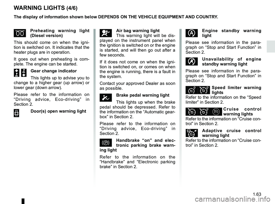RENAULT MEGANE 2018 Repair Manual 1.63
WARNING LIGHTS (4/6)
ÉPreheating warning light
(Diesel version)
This should come on when the igni-
tion is switched on. It indicates that the
heater plugs are in operation.
It goes out when pr RENAULT MEGANE 2018 Repair Manual 1.63
WARNING LIGHTS (4/6)
ÉPreheating warning light
(Diesel version)
This should come on when the igni-
tion is switched on. It indicates that the
heater plugs are in operation.
It goes out when pr
