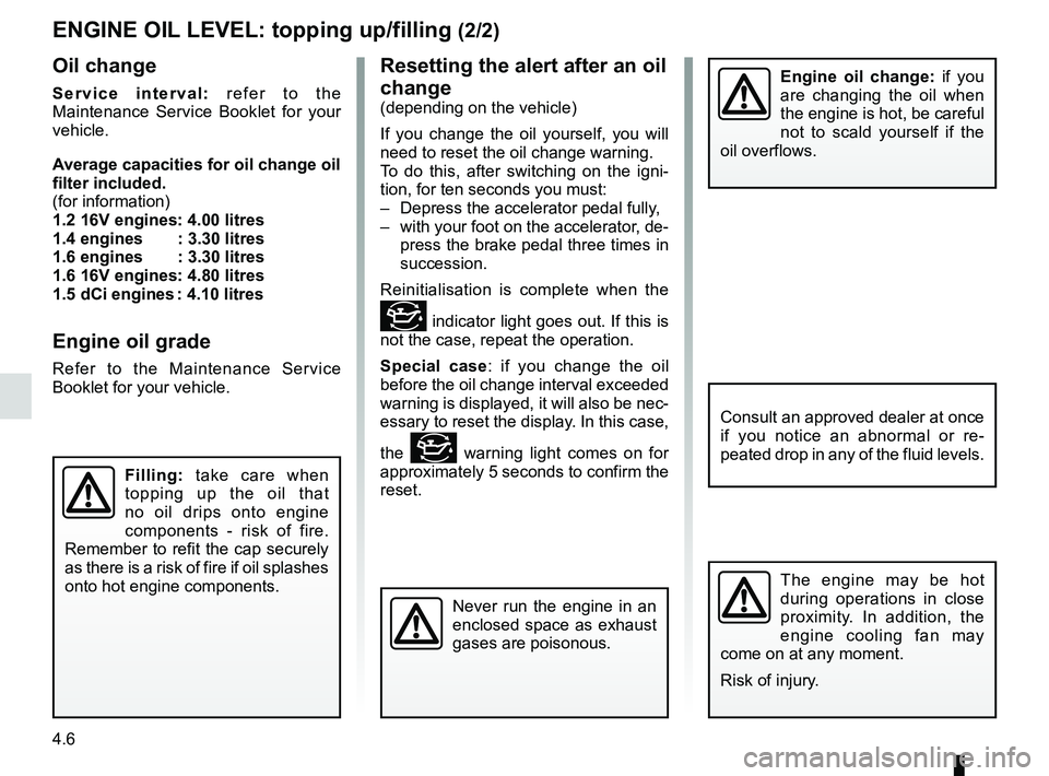 RENAULT SANDERO 2012 Owners Manual filteroil filter ............................................................. (current page)
oil change .............................................................. (current page)
4.6
ENG_UD19757 RENAULT SANDERO 2012 Owners Manual filteroil filter ............................................................. (current page)
oil change .............................................................. (current page)
4.6
ENG_UD19757