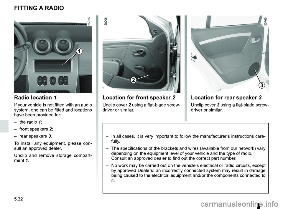 RENAULT SANDERO 2012  Owners Manual practical advice ..................................... (up to the end of the DU)
speakers location  ........................................... (up to the end of the DU)
fitting a radio  .............