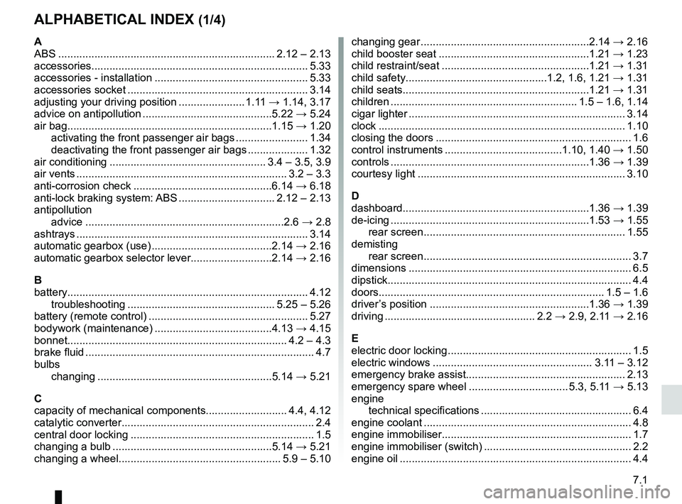 RENAULT SANDERO 2012  Owners Manual 7.1
FRA_UD25177_11
Index (B90 - Dacia)
ENG_NU_817-9_B90_Dacia_7
AlphAbeticAl index (1/4)
A
ABS  ........................................................................\
 2.12 – 2.13
accessories....