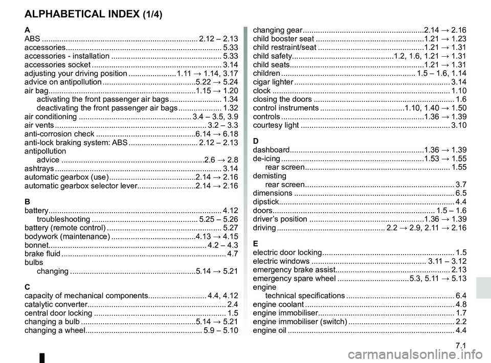RENAULT SANDERO 2012 Owners Manual 7.1
FRA_UD25177_11
Index (B90 - Dacia)
ENG_NU_817-9_B90_Dacia_7
AlphAbeticAl index (1/4)
A
ABS ........................................................................\
2.12 – 2.13
accessories.... RENAULT SANDERO 2012 Owners Manual 7.1
FRA_UD25177_11
Index (B90 - Dacia)
ENG_NU_817-9_B90_Dacia_7
AlphAbeticAl index (1/4)
A
ABS ........................................................................\
2.12 – 2.13
accessories....