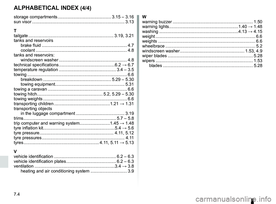 RENAULT SANDERO 2012  Owners Manual 7.4
FRA_UD25177_11
Index (B90 - Dacia)
ENG_NU_817-9_B90_Dacia_7
Jaune NoirNoir texte
AlphAbeticAl index (4/4)
storage compartments  ............................................ 3.15 – 3.16
sun visor