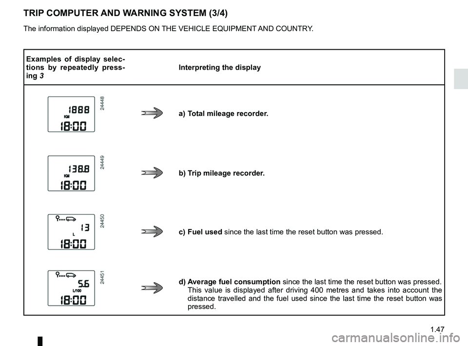 RENAULT SANDERO 2012 Workshop Manual JauneNoirNoir texte
1.47
ENG_UD20446_9
Ordinateur de bord (B90 - L90 Ph2 - F90 Ph2 - R90 Ph2 - Dacia)
ENG_NU_817-9_B90_Dacia_1
TRIP COMPUTER AND WARNING SYSTEM (3/4)
The information displayed DEPENDS RENAULT SANDERO 2012 Workshop Manual JauneNoirNoir texte
1.47
ENG_UD20446_9
Ordinateur de bord (B90 - L90 Ph2 - F90 Ph2 - R90 Ph2 - Dacia)
ENG_NU_817-9_B90_Dacia_1
TRIP COMPUTER AND WARNING SYSTEM (3/4)
The information displayed DEPENDS