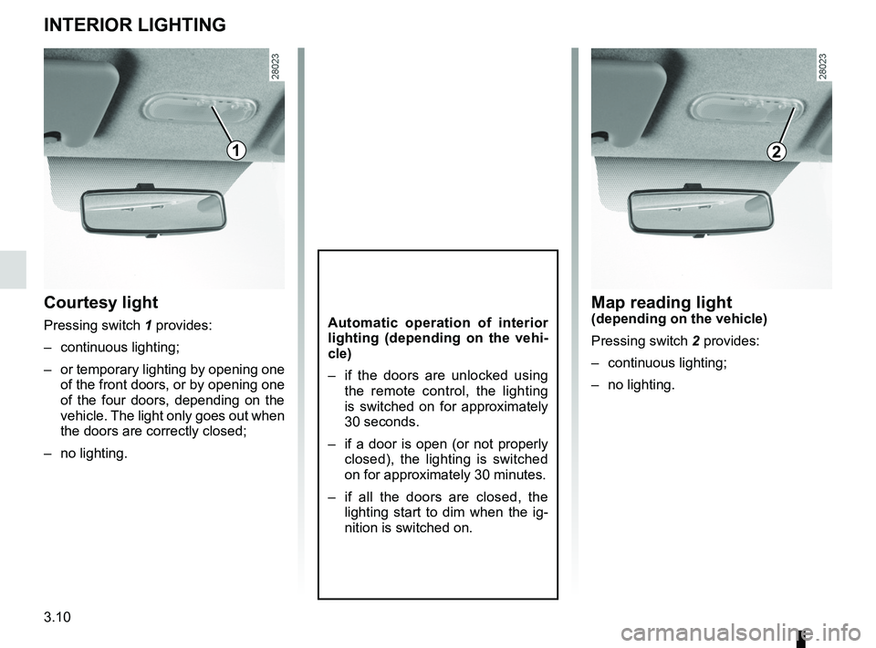 RENAULT SANDERO 2012 Manual Online lighting:interior  ............................................. (up to the end of the DU)
courtesy light  ........................................ (up to the end of the DU)
3.10
ENG_UD18207_5
Eclaira