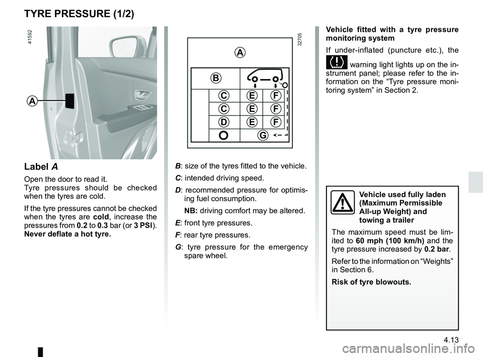 RENAULT SCENIC 2018  Owners Manual 4.13
TYRE PRESSURE (1/2)
A
Label A
Open the door to read it.
Tyre pressures should be checked 
when the tyres are cold.
If the tyre pressures cannot be checked 
when the tyres are cold, increase the 
