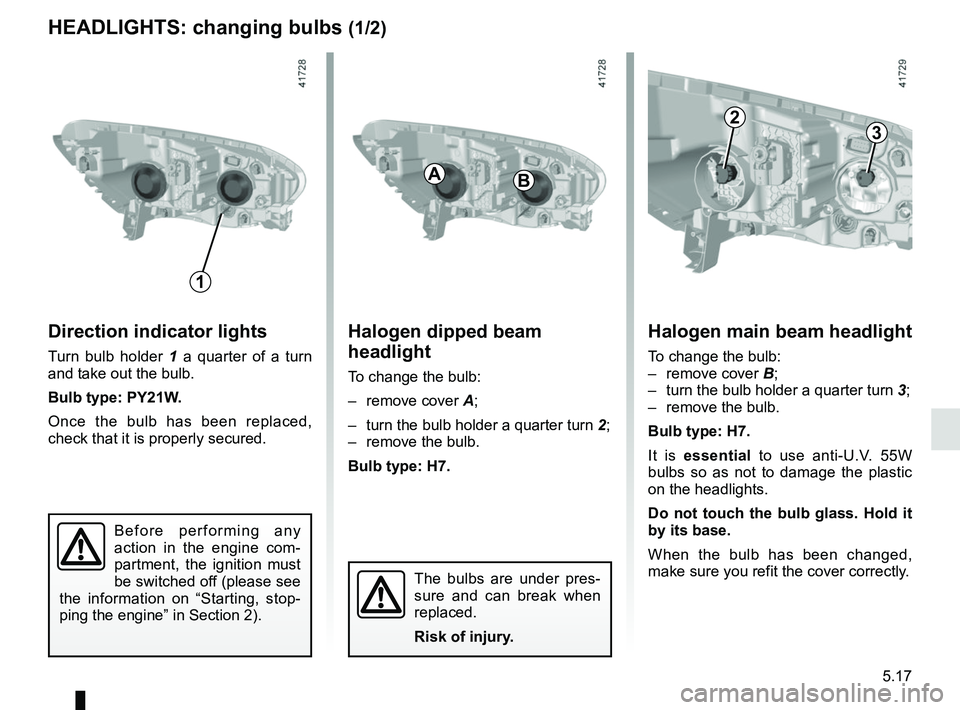 RENAULT SCENIC 2018  Owners Manual 5.17
HEADLIGHTS: changing bulbs (1/2)
Direction indicator lights
Turn bulb holder 1 a quarter of a turn 
and take out the bulb.
Bulb type: PY21W.
Once the bulb has been replaced, 
check that it is pro