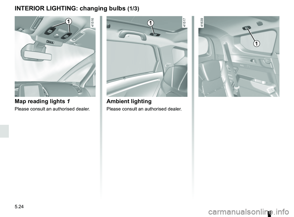 RENAULT SCENIC 2018  Owners Manual 5.24
INTERIOR LIGHTING: changing bulbs (1/3)
Map reading lights  1
Please consult an authorised dealer.
11
Ambient lighting
Please consult an authorised dealer.
1    