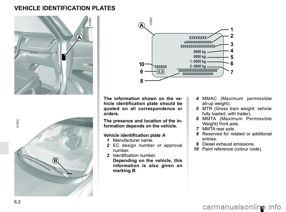 RENAULT SCENIC 2018  Owners Manual 6.2
VEHICLE IDENTIFICATION PLATES
A
B
A
97
8
10
5
1
2
3
4
6
The information shown on the ve-
hicle identification plate should be 
quoted on all correspondence or 
orders.
The presence and location of