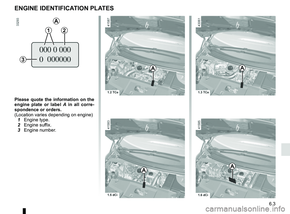 RENAULT SCENIC 2018  Owners Manual 6.3
ENGINE IDENTIFICATION PLATES
Please quote the information on the 
engine plate or label A  in all corre-
spondence or orders.
(Location varies depending on engine)
  1 Engine type.
  2 Engine suff