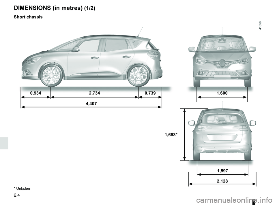RENAULT SCENIC 2018  Owners Manual 6.4
DIMENSIONS (in metres) (1/2)
0,9342,7340,739 1,600
4,407
1,653*
1,597
2,128
* Unladen
Short chassis  