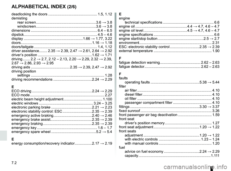 RENAULT SCENIC 2018  Owners Manual 7.2
ALPHABETICAL INDEX (2/6)
deadlocking the doors ................................................ 1.5, 1.12
demistingrear screen ...........................................................3.6  → 3