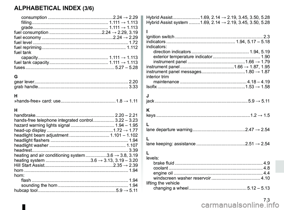 RENAULT SCENIC 2018  Owners Manual 7.3
ALPHABETICAL INDEX (3/6)
consumption ....................................................2.24 → 2.29
filling ............................................................. 1.111  → 1.113
grade 