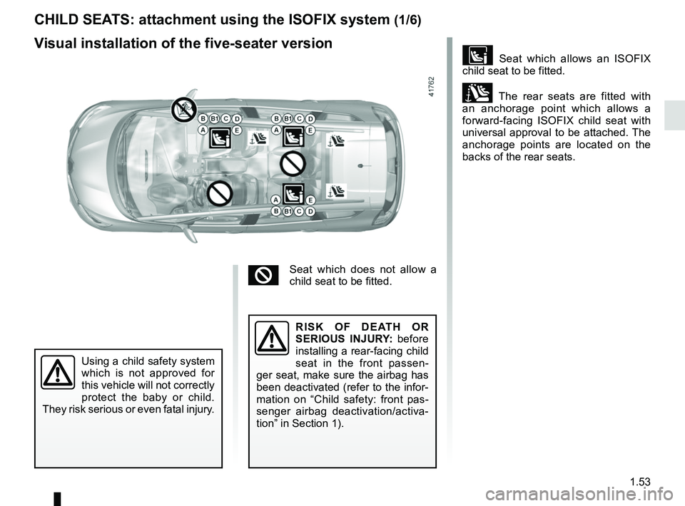 RENAULT SCENIC 2018 Workshop Manual 1.53
CHILD SEATS: attachment using the ISOFIX system (1/6)
 Seat which allows an ISOFIX 
child seat to be fitted.
± The rear seats are fitted with 
an anchorage point which allows a 
forward-facin