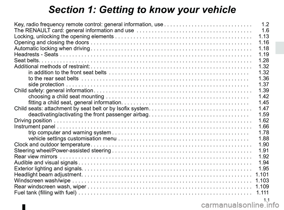 RENAULT SCENIC 2018  Owners Manual 1.1
Section 1: Getting to know your vehicle
Key, radio frequency remote control: general information, use . . . . . . . . . . . . . . . . . . . . . . . . . . . . .   1.2
The RENAULT card: general info