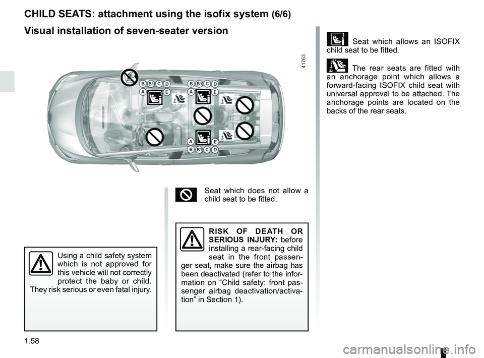 RENAULT SCENIC 2018 Repair Manual 1.58
Visual installation of seven-seater version
 Seat which allows an ISOFIX 
child seat to be fitted.
± The rear seats are fitted with 
an anchorage point which allows a 
forward-facing ISOFIX c