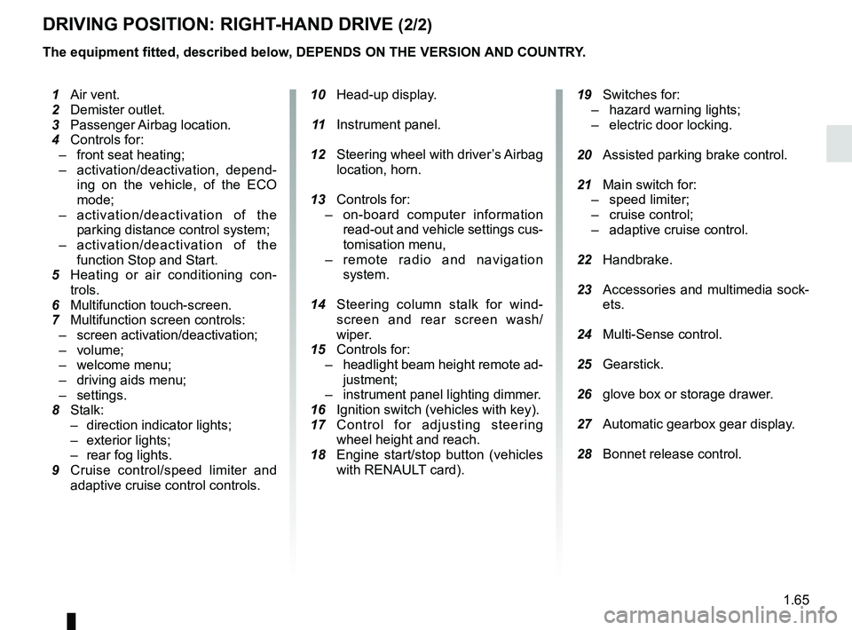 RENAULT SCENIC 2018 Manual PDF 1.65
DRIVING POSITION: RIGHT-HAND DRIVE (2/2)
The equipment fitted, described below, DEPENDS ON THE VERSION AND COUNTRY.
10 Head-up display.
11 Instrument panel.
12 Steering wheel with driverâ RENAULT SCENIC 2018 Manual PDF 1.65
DRIVING POSITION: RIGHT-HAND DRIVE (2/2)
The equipment fitted, described below, DEPENDS ON THE VERSION AND COUNTRY.
10 Head-up display.
11 Instrument panel.
12 Steering wheel with driverâ