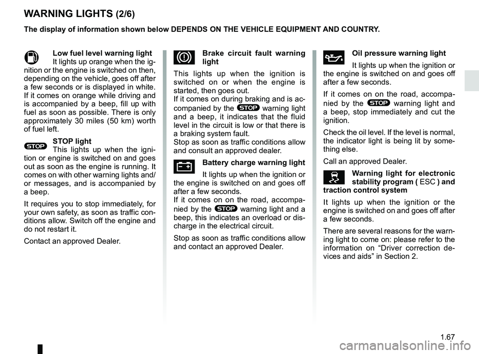 RENAULT SCENIC 2018 Manual PDF 1.67
WARNING LIGHTS (2/6)
MLow fuel level warning light
It lights up orange when the ig-
nition or the engine is switched on then,
depending on the vehicle, goes off after
a few seconds or is displa RENAULT SCENIC 2018 Manual PDF 1.67
WARNING LIGHTS (2/6)
MLow fuel level warning light
It lights up orange when the ig-
nition or the engine is switched on then,
depending on the vehicle, goes off after
a few seconds or is displa