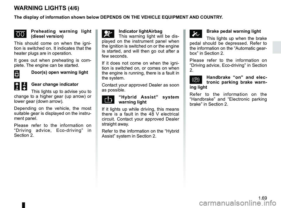 RENAULT SCENIC 2018 Manual PDF 1.69
WARNING LIGHTS (4/6)
ĂPreheating warning light
(diesel version)
This should come on when the igni-
tion is switched on. It indicates that the
heater plugs are in operation.
It goes out when pr RENAULT SCENIC 2018 Manual PDF 1.69
WARNING LIGHTS (4/6)
ĂPreheating warning light
(diesel version)
This should come on when the igni-
tion is switched on. It indicates that the
heater plugs are in operation.
It goes out when pr