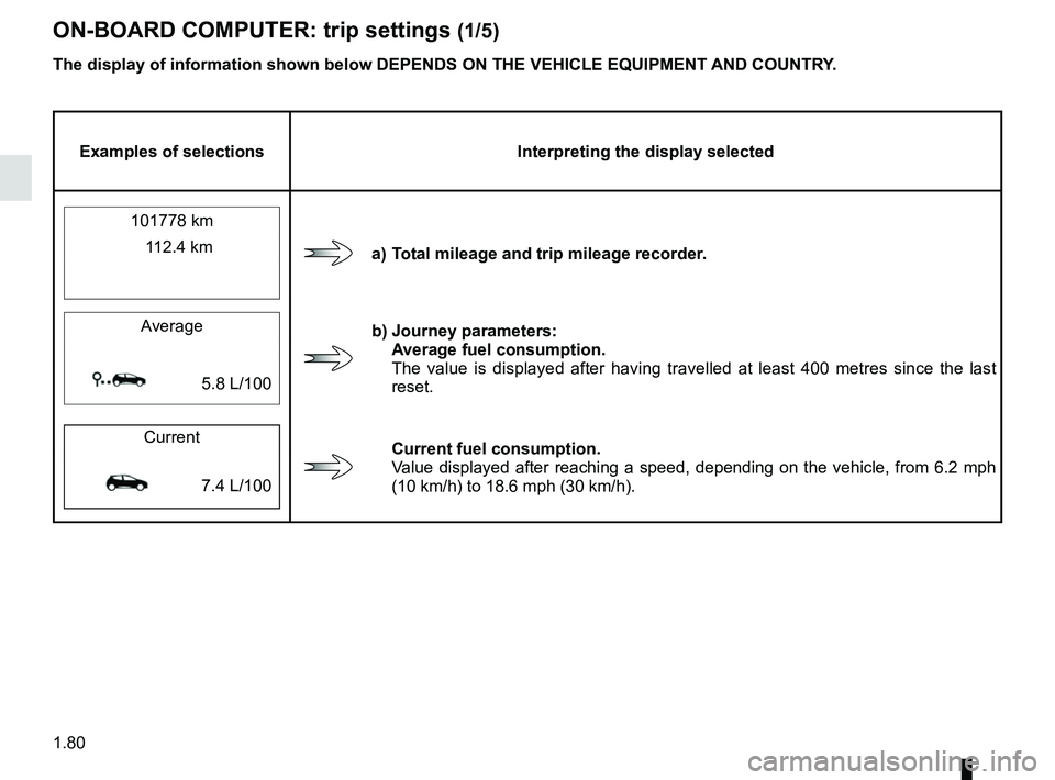 RENAULT SCENIC 2018 Manual Online 1.80
ON-BOARD COMPUTER: trip settings (1/5)
The display of information shown below DEPENDS ON THE VEHICLE EQUIPMENT \
AND COUNTRY.
Examples of selectionsInterpreting the display selected
101778 km
a) 