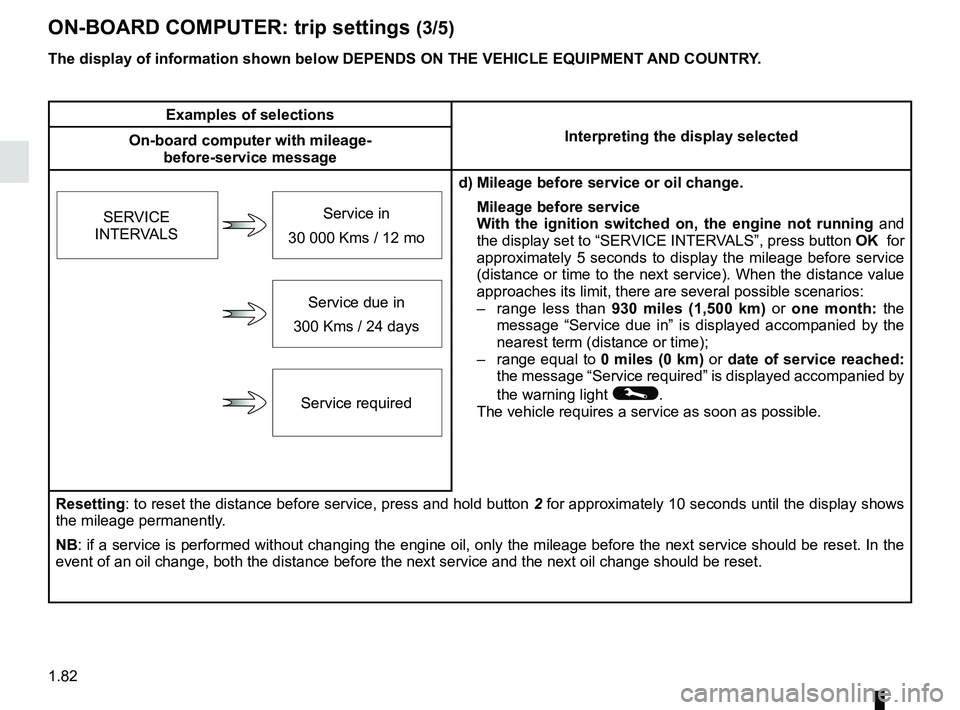 RENAULT SCENIC 2018 Manual Online 1.82
ON-BOARD COMPUTER: trip settings (3/5)
The display of information shown below DEPENDS ON THE VEHICLE EQUIPMENT \
AND COUNTRY.
Examples of selectionsInterpreting the display selected
On-board comp
