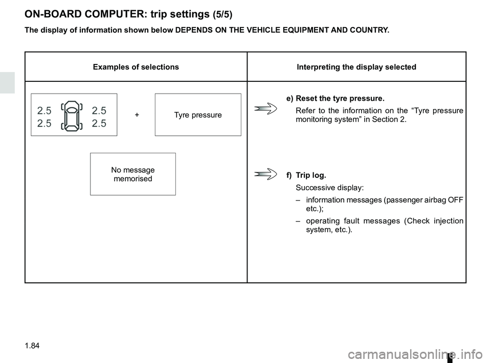 RENAULT SCENIC 2018 Manual Online 1.84
ON-BOARD COMPUTER: trip settings (5/5)
The display of information shown below DEPENDS ON THE VEHICLE EQUIPMENT \
AND COUNTRY.
Examples of selectionsInterpreting the display selected
e) Reset the 