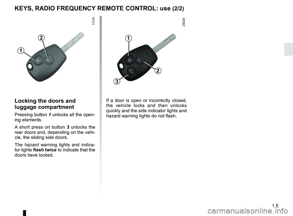 RENAULT TRAFIC 2018 User Guide 1.5
KEYS, RADIO FREQUENCY REMOTE CONTROL: use (2/2)
2
1
1
3
2
Locking the doors and 
luggage compartment
Pressing button 1 unlocks all the open-
ing elements.
A short press on button 3 unlocks the 
re