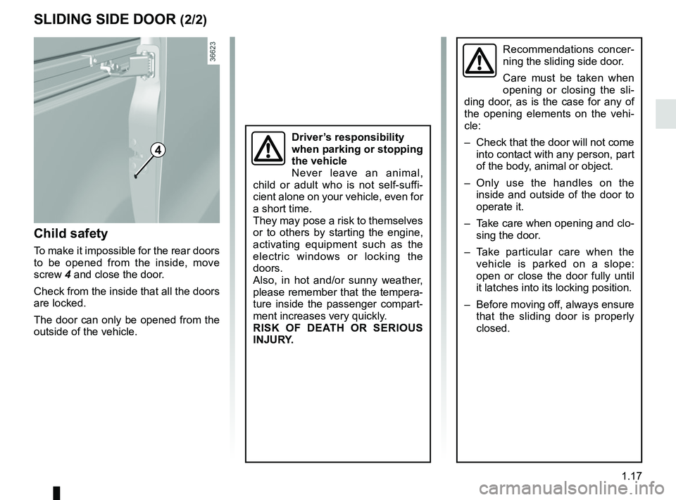 RENAULT TRAFIC 2018 Owners Manual 1.17
Recommendations concer-
ning the sliding side door.
Care must be taken when 
opening or closing the sli-
ding door, as is the case for any of 
the opening elements on the vehi-
cle:
–  Check th