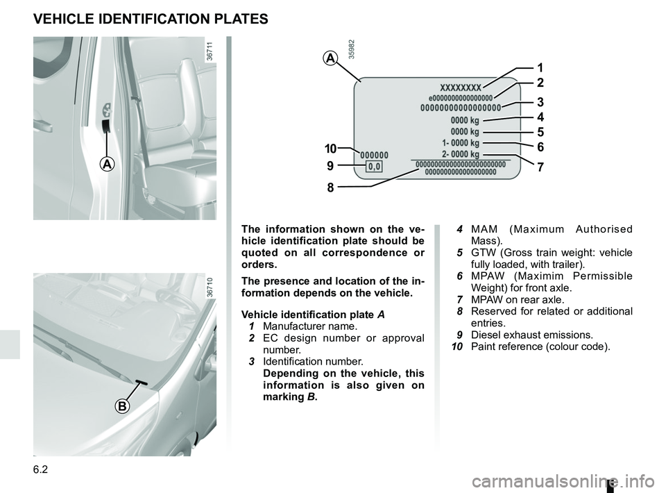 RENAULT TRAFIC 2018 Owners Manual 6.2
VEHICLE IDENTIFICATION PLATES
The information shown on the ve-
hicle identification plate should be
quoted on all correspondence or
orders.
The presence and location of the in-
formation depends RENAULT TRAFIC 2018 Owners Manual 6.2
VEHICLE IDENTIFICATION PLATES
The information shown on the ve-
hicle identification plate should be
quoted on all correspondence or
orders.
The presence and location of the in-
formation depends